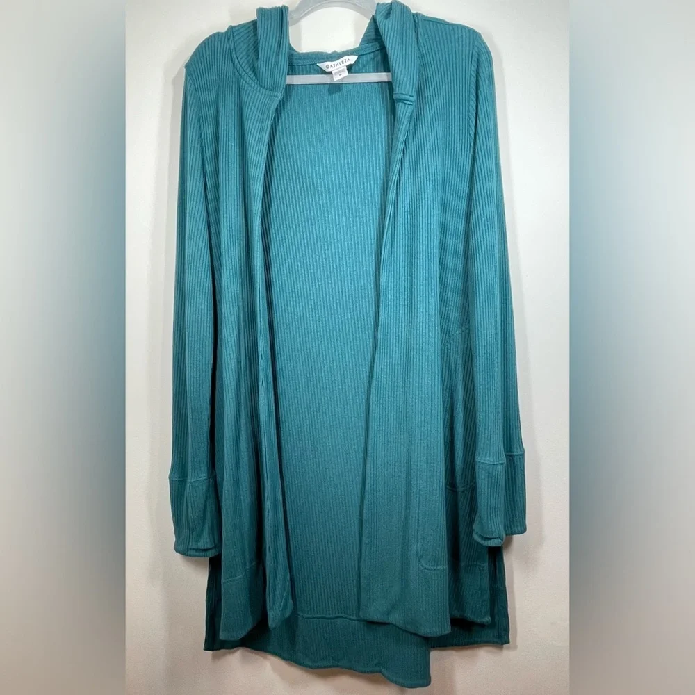 ATHLETA Women’s Pranayama Long Ribbed Hooded Cardigan Teal Size Medium - Picture 1 of 11